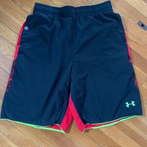 Under Armour Men’s Black and Red Athletic Shorts with Neon Accents